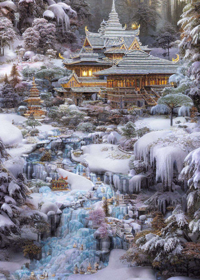 Snowy Pagodas and Frozen Waterfall in Mountain Landscape