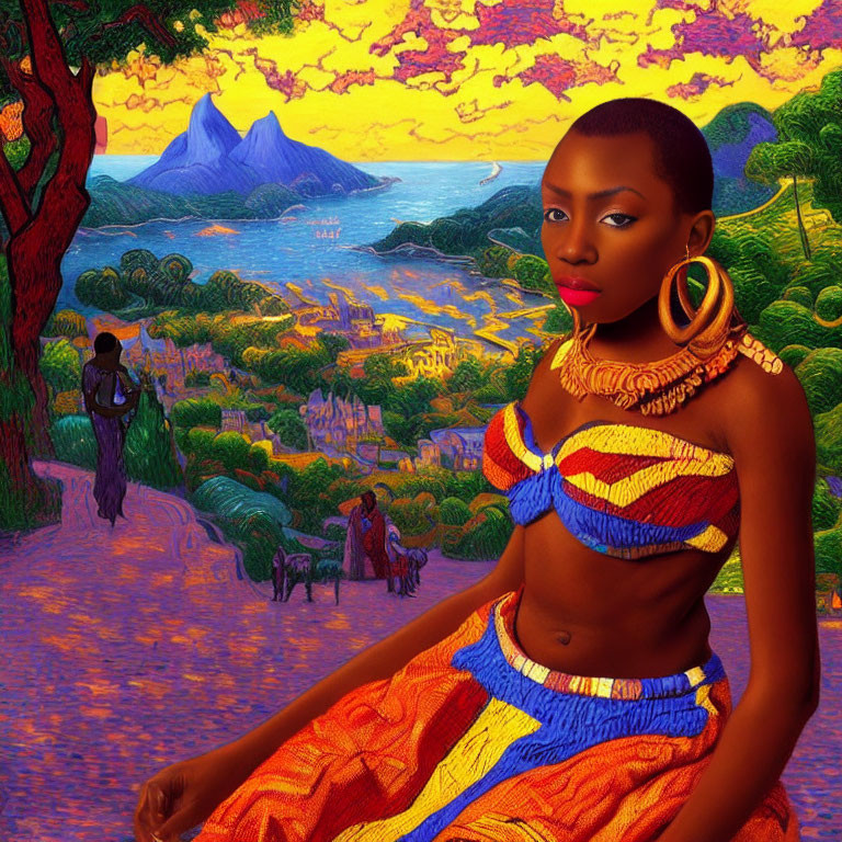 Woman with Gold Jewelry in Colorful Landscape with Mountains and Sunset Sky