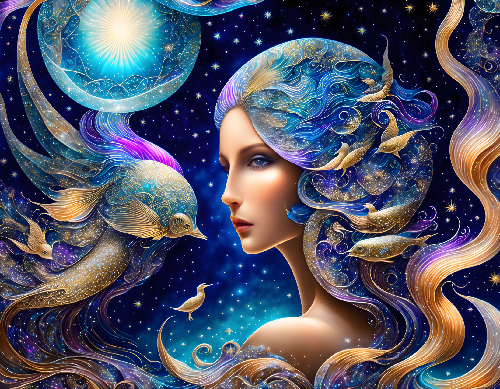 Surreal artwork of woman with flowing hair and cosmic elements