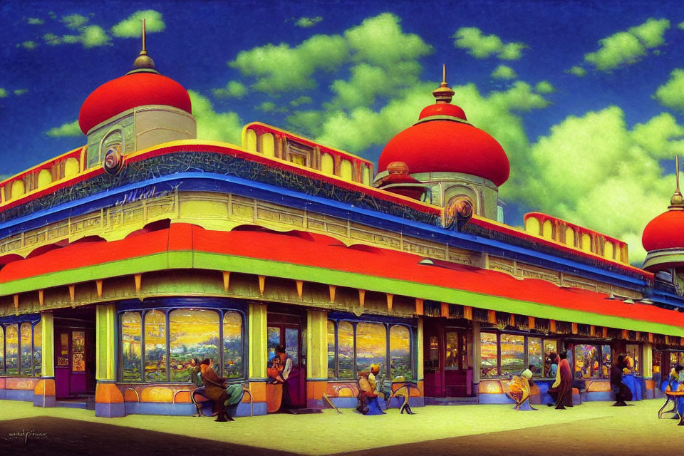Colorful vintage diner scene with ornate domed roofs and diners under blue sky