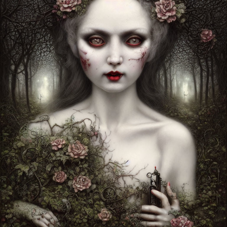 Gothic woman with black hair and red eyes in dark forest with roses