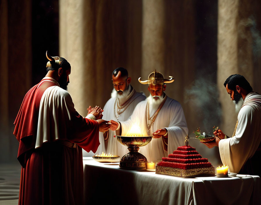 Four individuals in historical attire performing ritual around altar with candles, incense, and chalice in dim