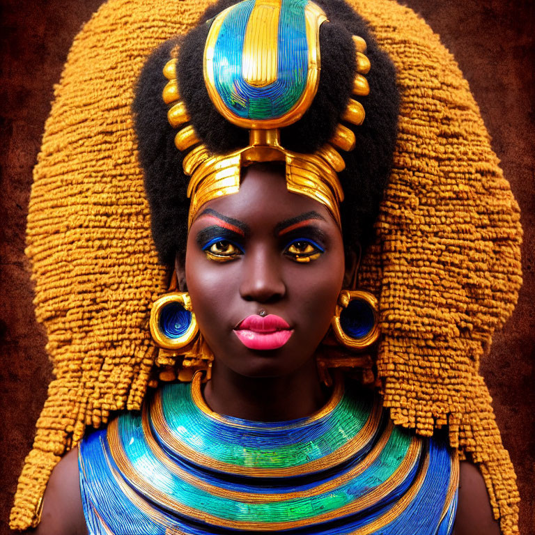 Woman with Striking Makeup and Elaborate African Headdress in Gold and Blue
