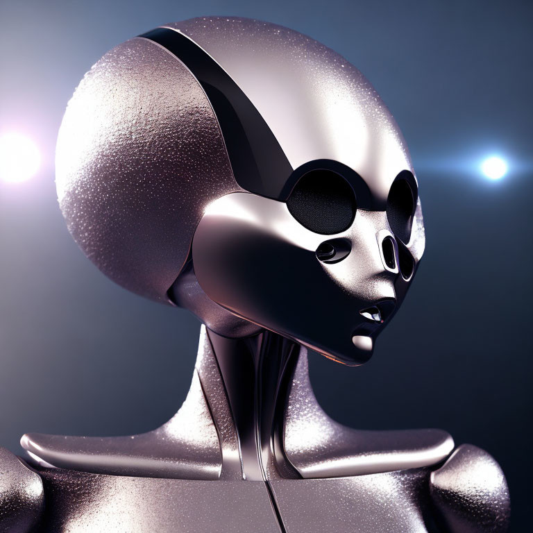 Detailed 3D rendering of humanoid alien with black eyes and metallic skin
