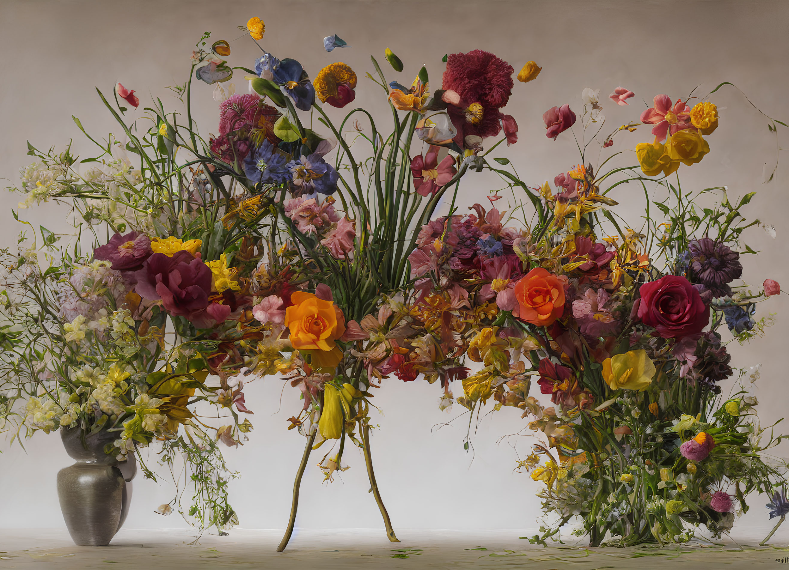 Colorful Flower Arrangement in Vases on Neutral Background