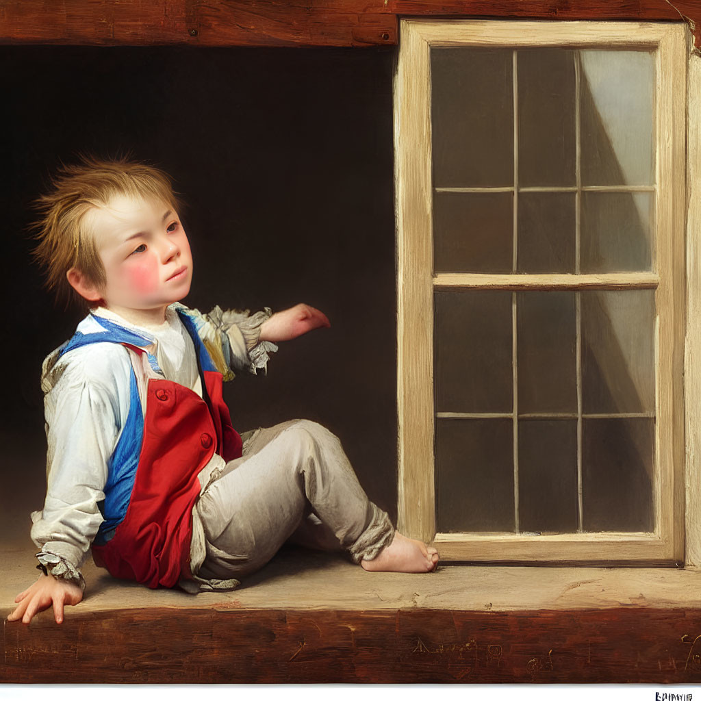 Young child with messy hair in white shirt, blue vest, and red overalls by vintage window