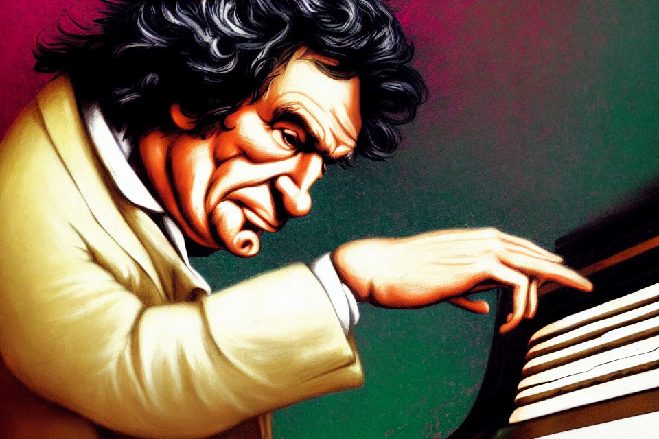 Illustration of intense man playing piano with wild hair
