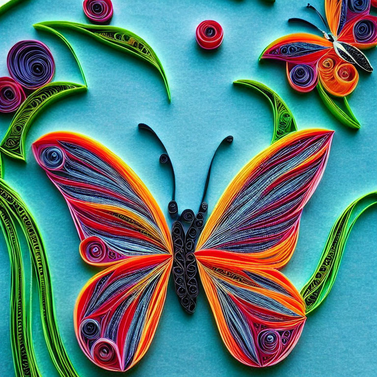 Colorful Paper Quilling Art: Multicolored Butterfly on Teal Background with Floral Designs