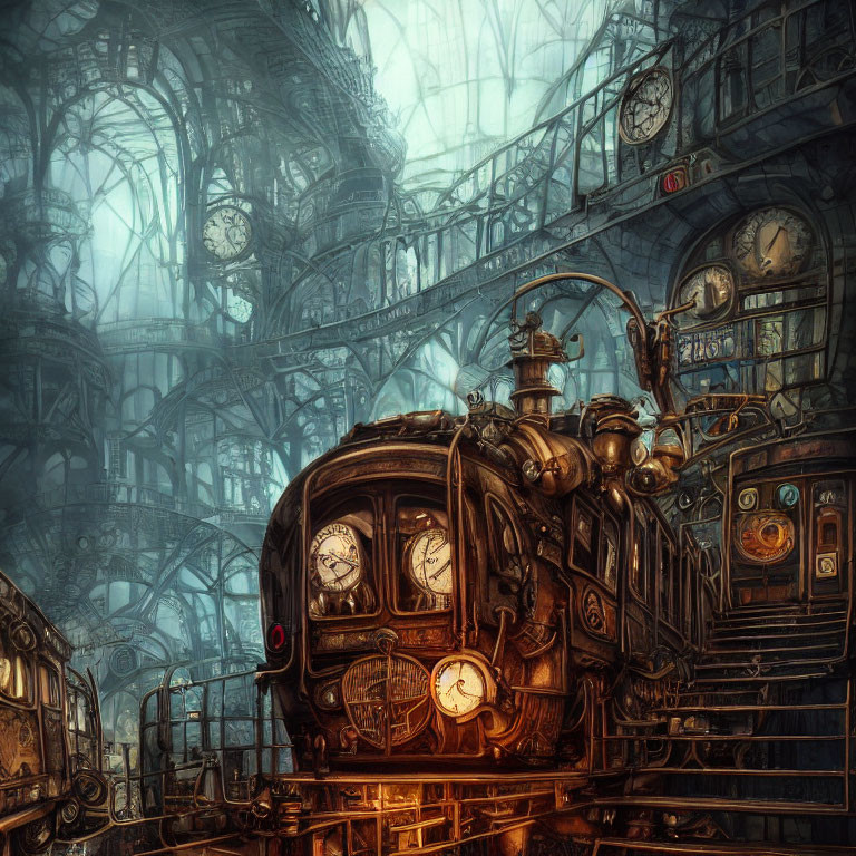 Ornate steampunk train station with clocks and locomotive