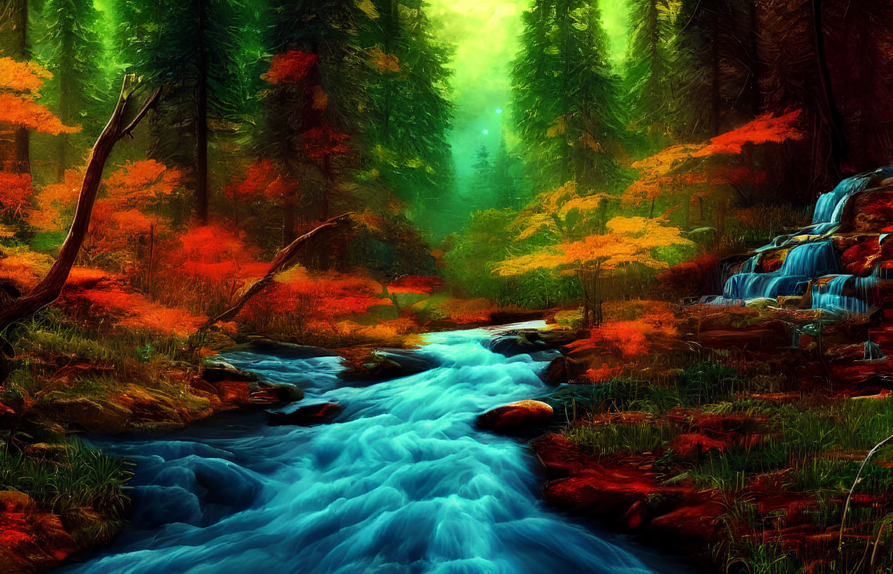 Autumn forest with waterfall and stream under green glow