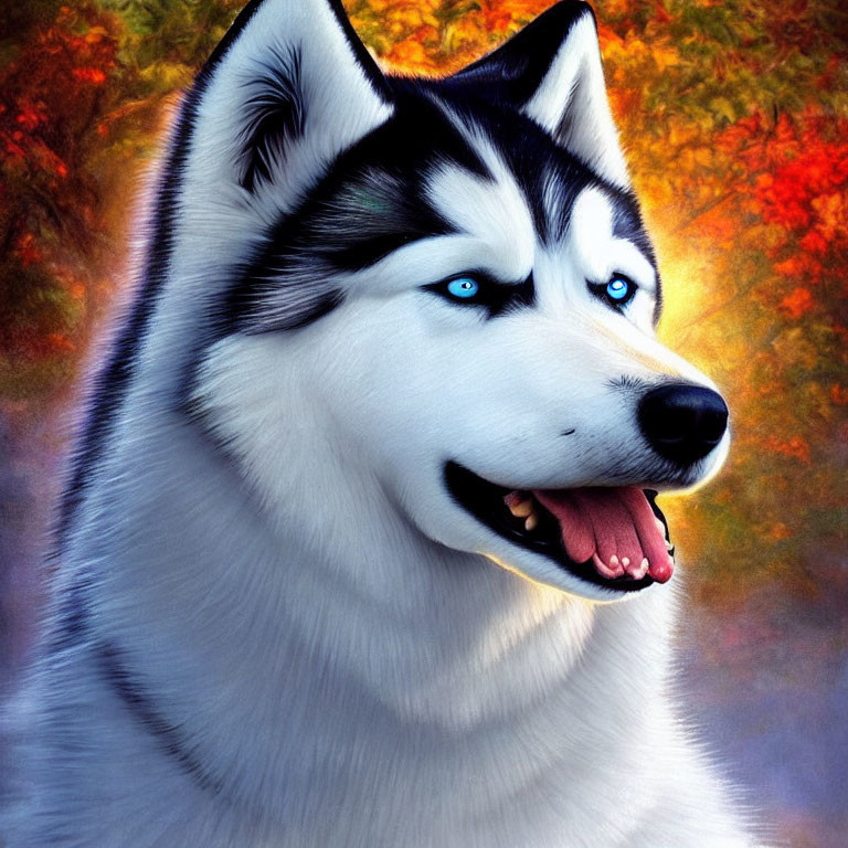 Siberian Husky Portrait with Blue Eyes and Autumn Background