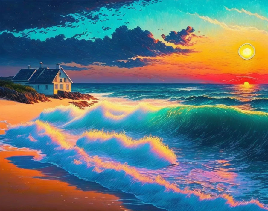 Colorful Coastal Sunset Painting with Lone House by the Sea
