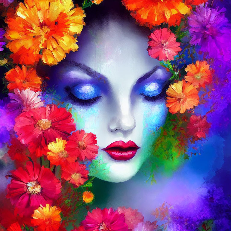 Colorful makeup woman's face surrounded by multicolored flowers