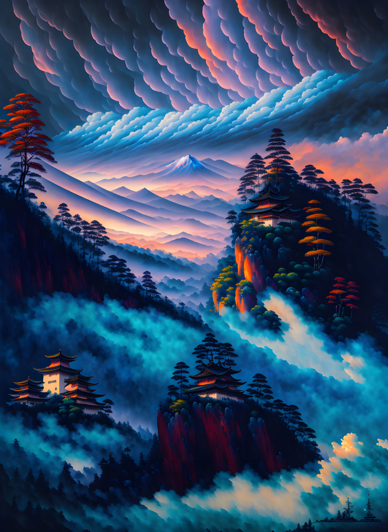 Ethereal landscape with misty mountains, autumn trees, and dynamic sky