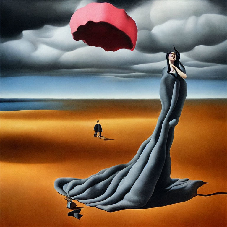 Surreal painting: Woman in flowing dress, desert backdrop, man in distance, floating red shape