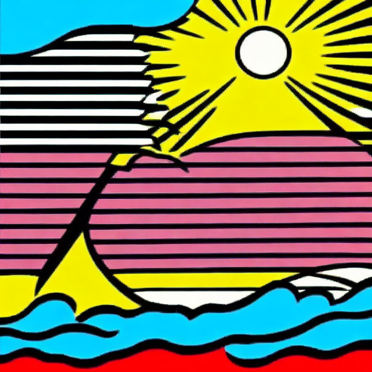 Vibrant sunset seascape with sailboat in bold graphic style