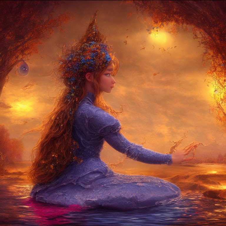 Woman with long hair in blue dress sitting in mystical forest by water