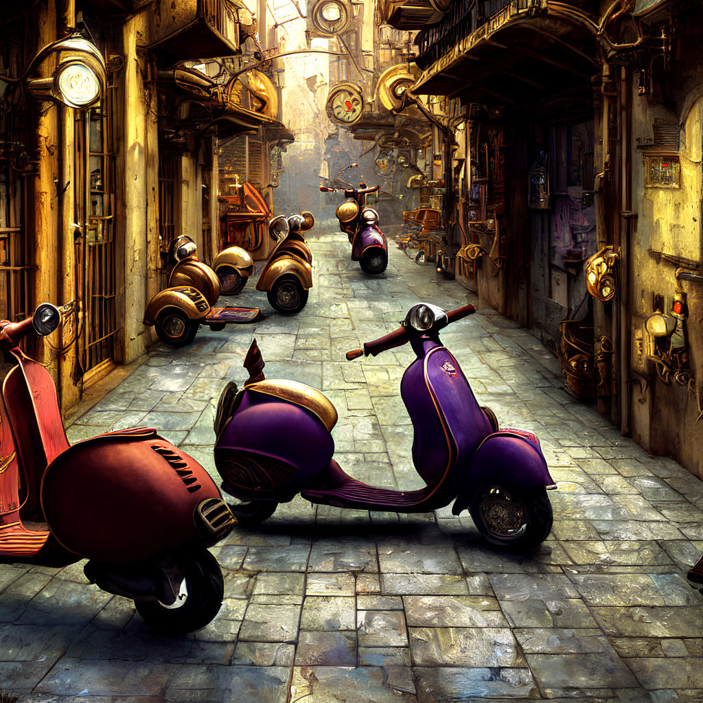 Vintage street scene with parked scooters and warm lighting on cobblestone ground