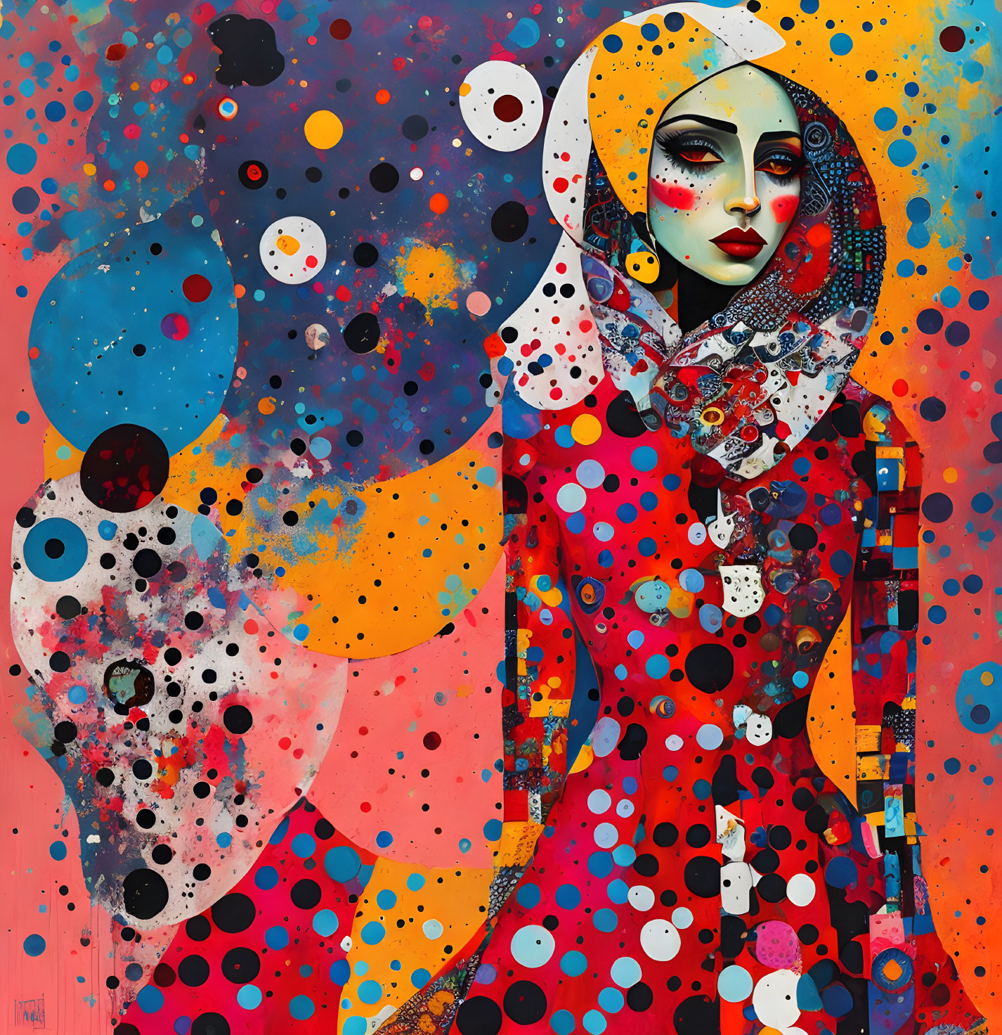 Colorful Abstract Portrait of Woman with Dotted Patterns and Bold Colors