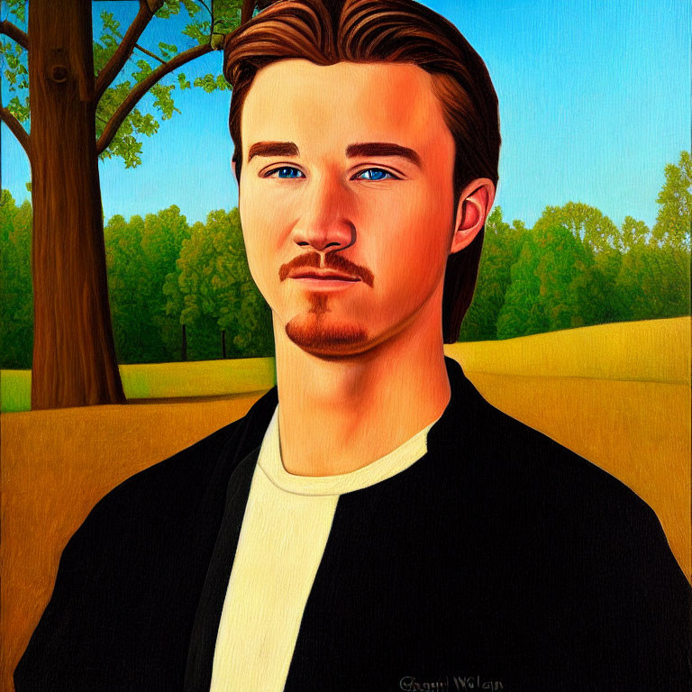 Stylized portrait of a man with mustache and goatee in black jacket against autumn backdrop