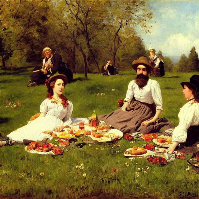 19th-Century Painting of People Picnicking in Meadow