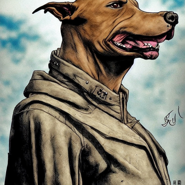 Dog in trench coat illustration with human-like body and smile.