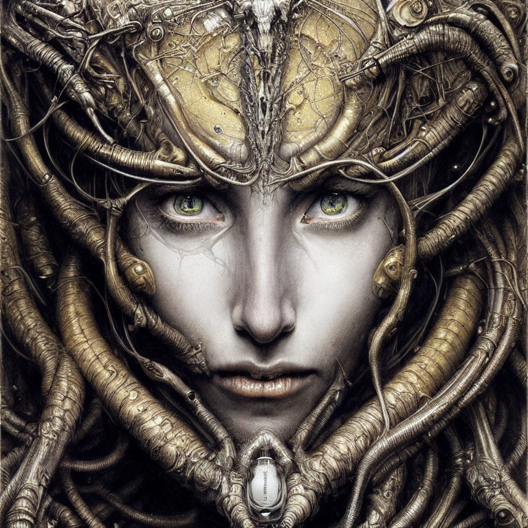 Detailed close-up of humanoid face with intricate cybernetic enhancements and intense green eyes