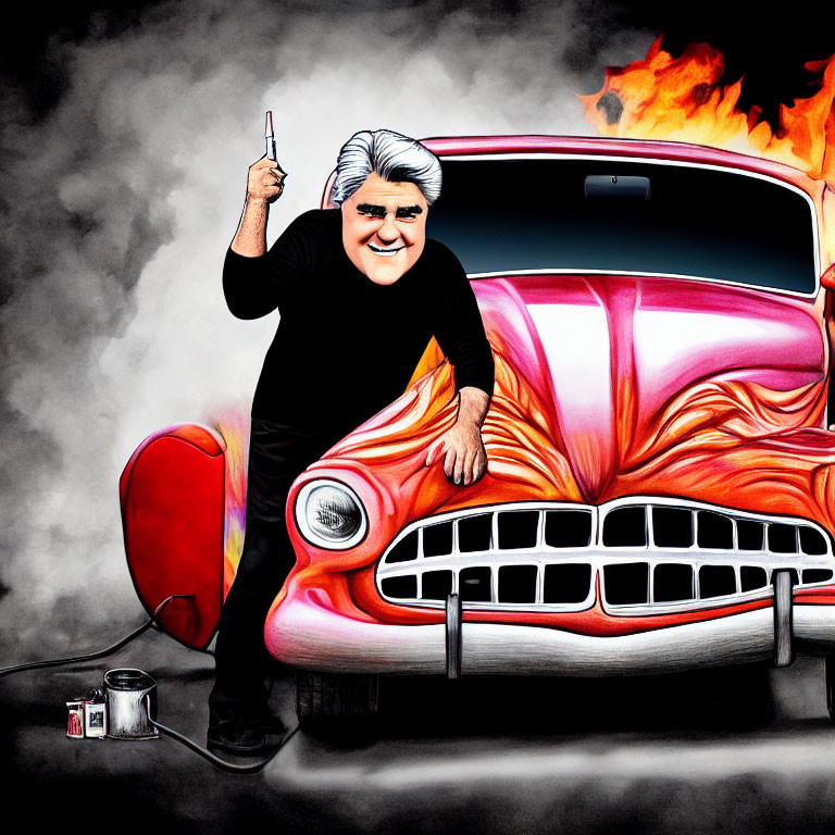 Exaggerated caricature of a man with wrench near burning classic car