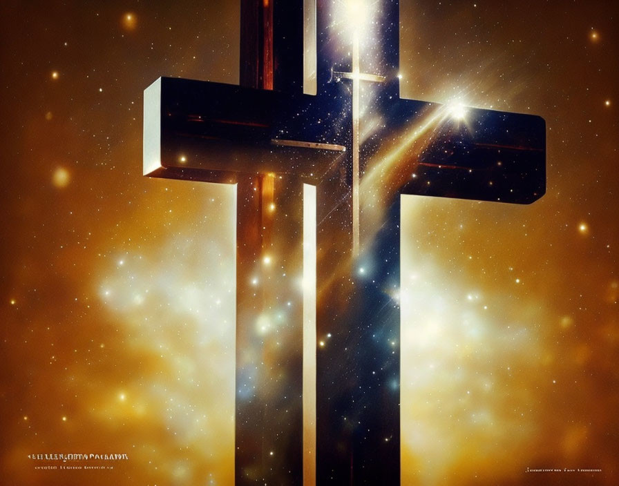 Wooden cross illuminated by bright light in front of starry galaxy