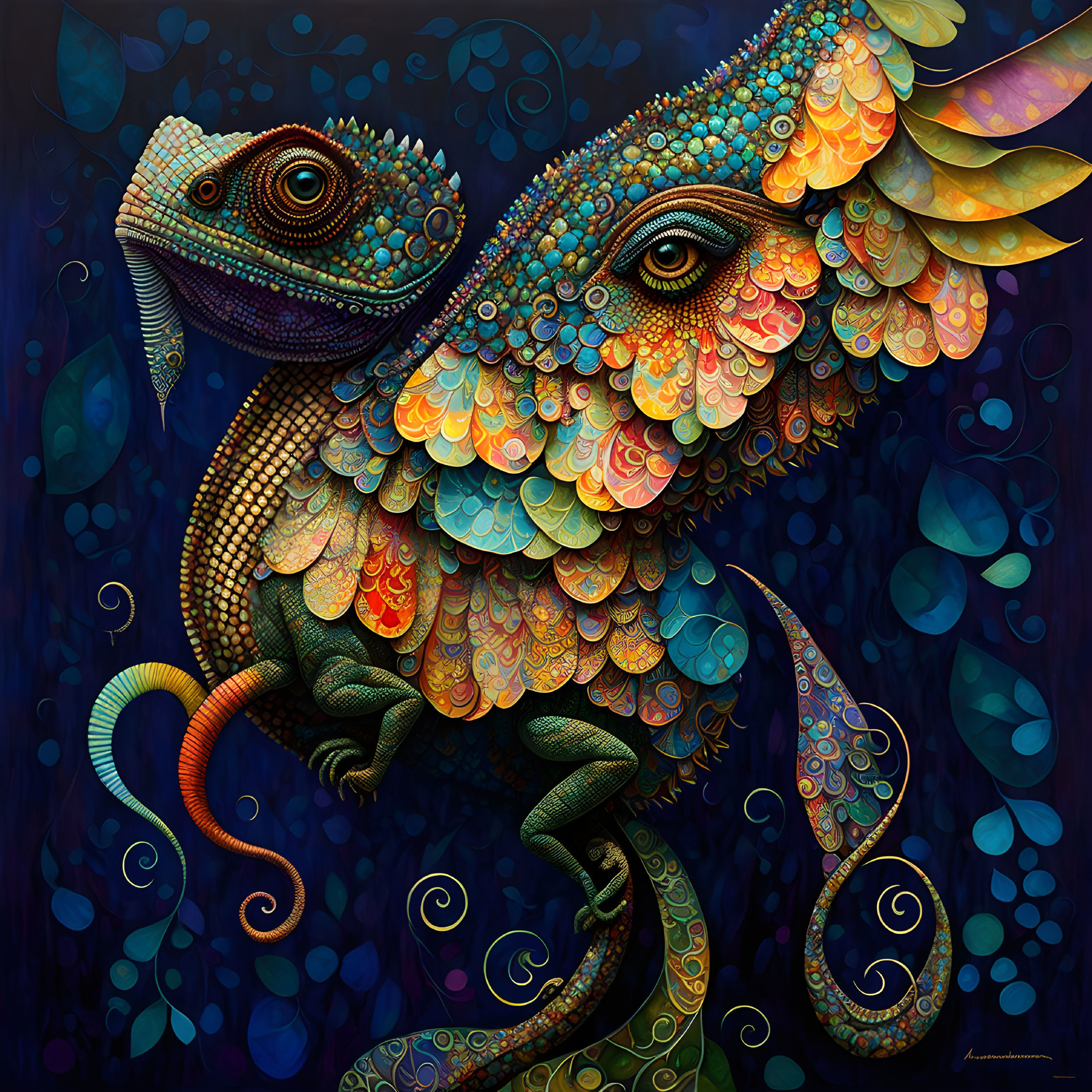 Colorful Chameleon Artwork on Dark Blue Background with Bubbles