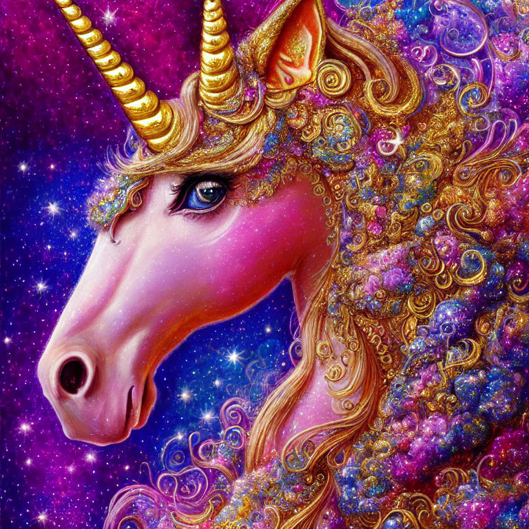 Colorful Unicorn with Golden Horn in Glittering Purple Cosmic Scene