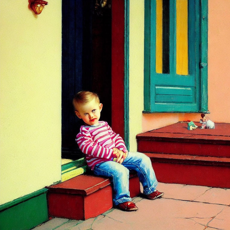 Child sitting on red step outside vibrant house with yellow and green doors