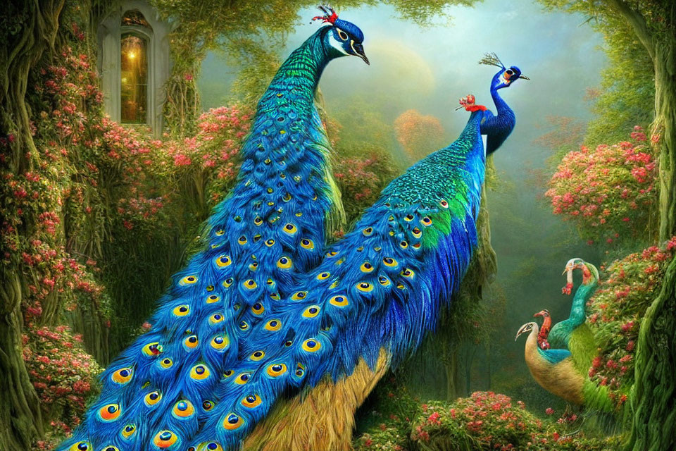 Colorful illustration of two peacocks in lush fantasy forest