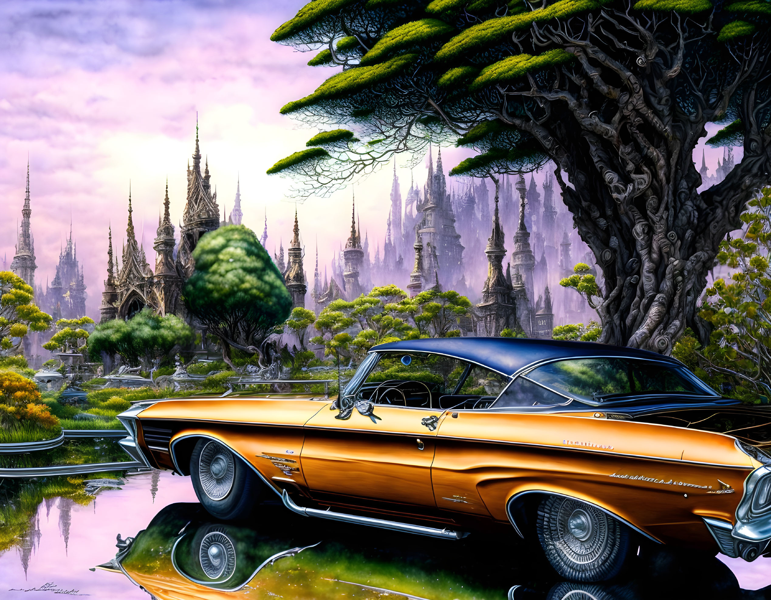 Orange Car Parked by Reflective Lake with Purple Castles and Pink Sky