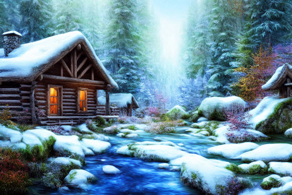 Snow-covered log cabin by flowing stream in winter landscape