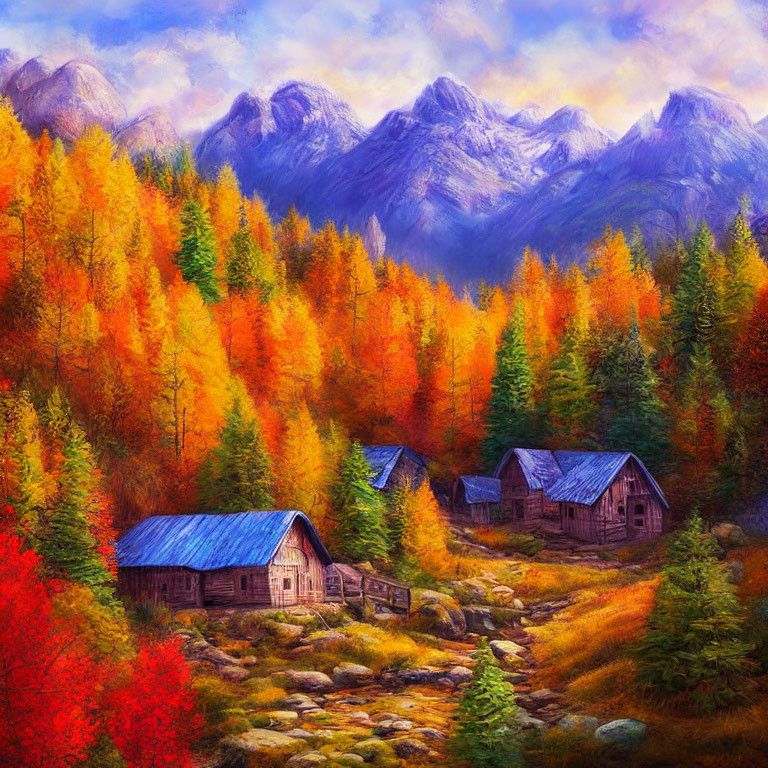 Scenic autumn landscape with rustic cabins and fiery fall colors
