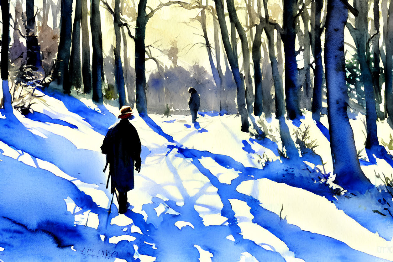 Snowy forest watercolor painting: Two figures walking under sunlight