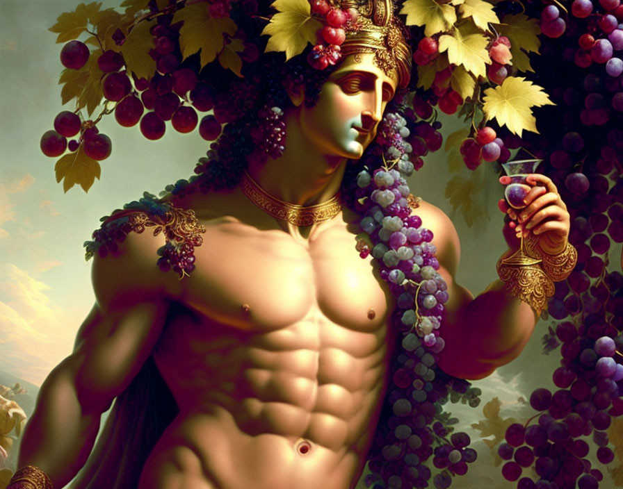 Muscular figure with grapevines and wine glass in lush grape cluster backdrop