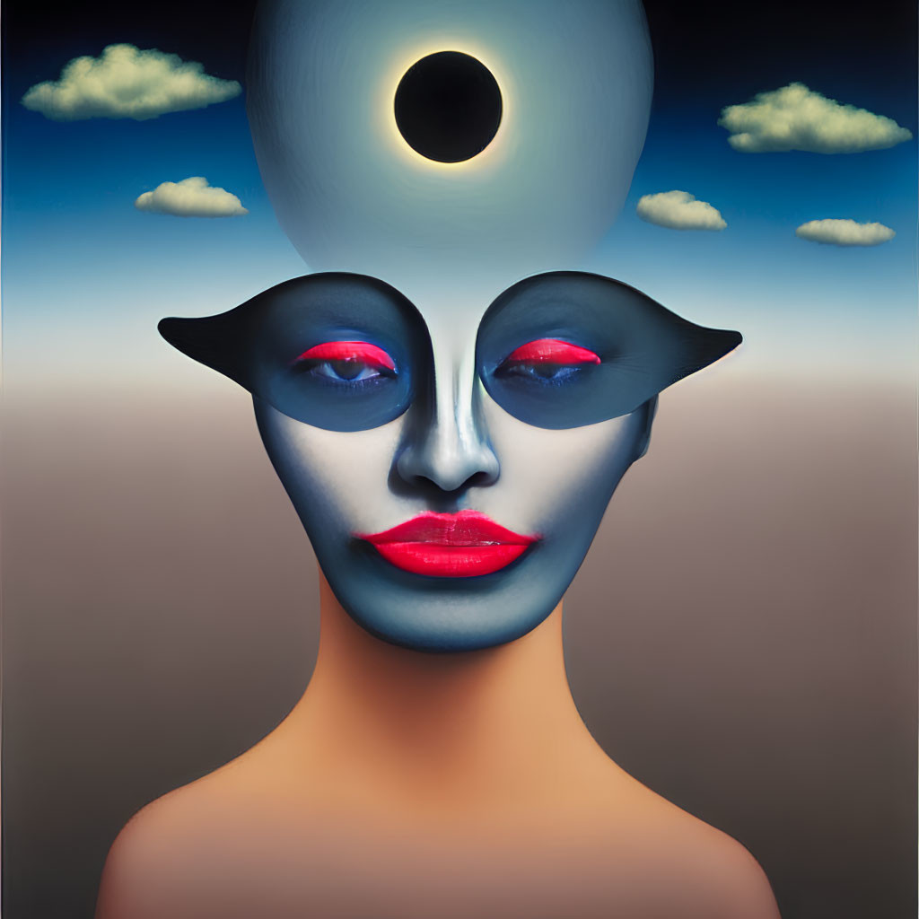 Surreal artwork featuring face with theatrical mask and eclipse on sky backdrop