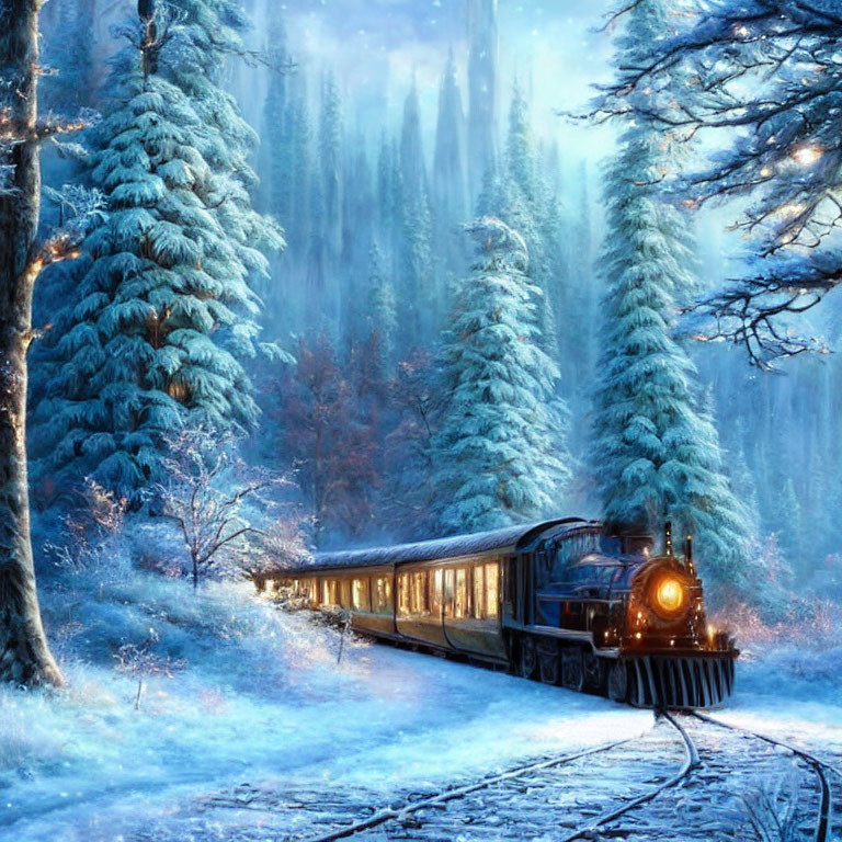 Vintage steam train journey through snowy forest with tall pine trees