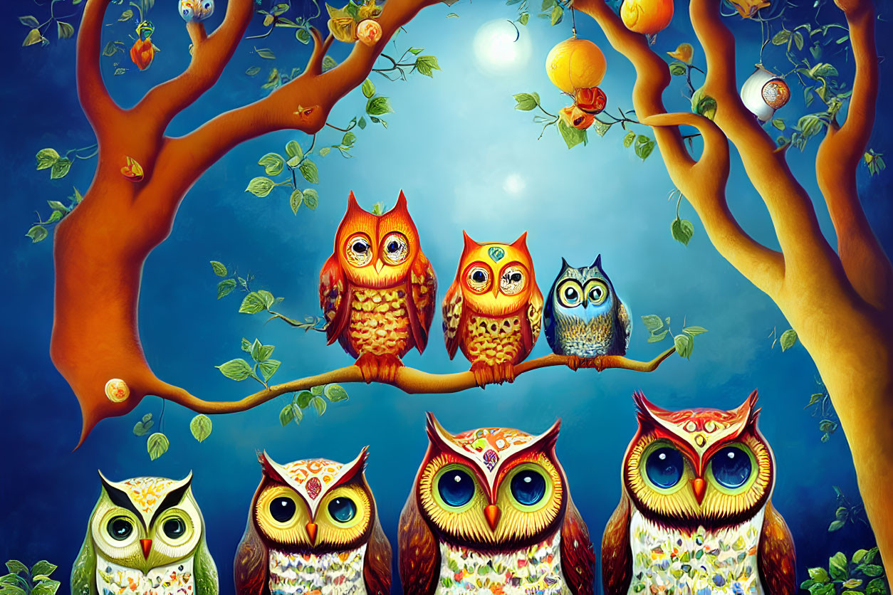 Six Colorful Stylized Owls Perched on Tree Branch at Night