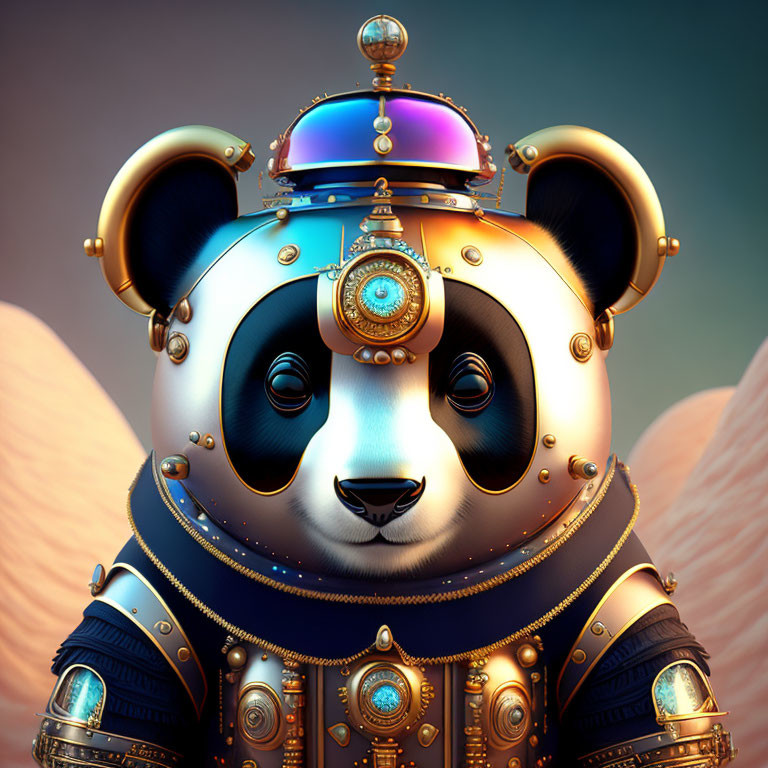 Steampunk-style panda digital art with jewel-capped hat in warm hues