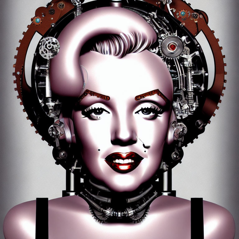 Female-like robot with mechanical details and vintage hairstyle fusion