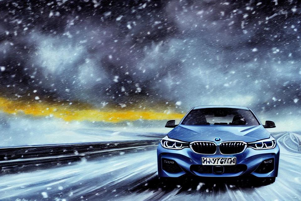 Blue BMW Car Driving on Snowy Road in Heavy Snowfall