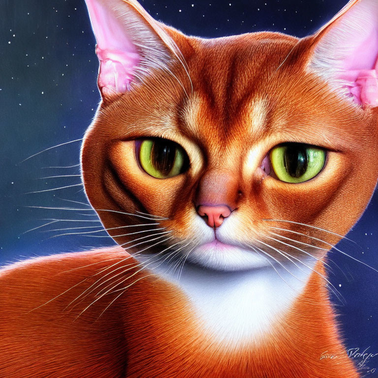 Detailed digital art: Orange cat with green eyes on starry backdrop