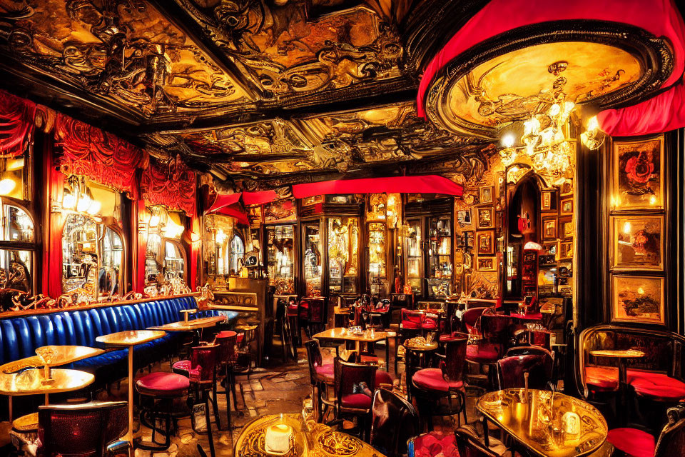 Luxurious Vintage Bar with Golden Ceilings, Red Drapery, Paintings, Mirrors
