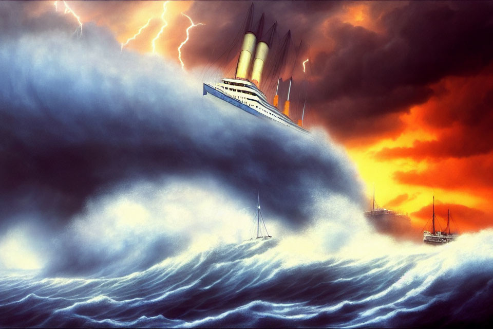 Large Ship Battles Stormy Seas Under Dramatic Sky