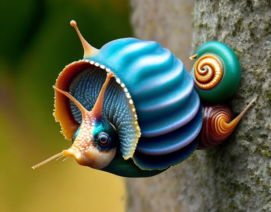 Colorful Fantastical Snail with Blue Shell and Orange Body on Tree Trunk