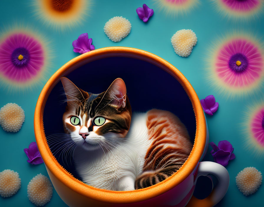 Tabby Cat in Orange Teacup on Psychedelic Floral Background