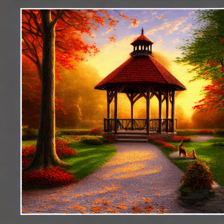 Tranquil park scene with wooden gazebo, red trees, winding path, blooming shrubs